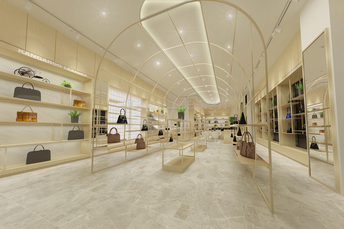 袋鼠皮具高桥店装修设计效果图_长沙高桥皮具城装修_箱包店面装修案例_长沙装修公司_永祺商业装饰